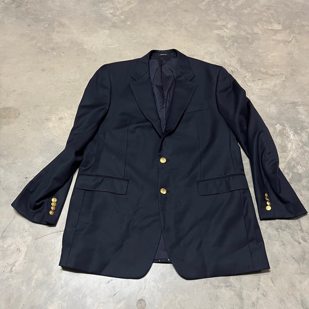 Lauren Ralph Lauren Mens 42L Navy Blue 100% Wool Blazer Gold Crest Button Coat